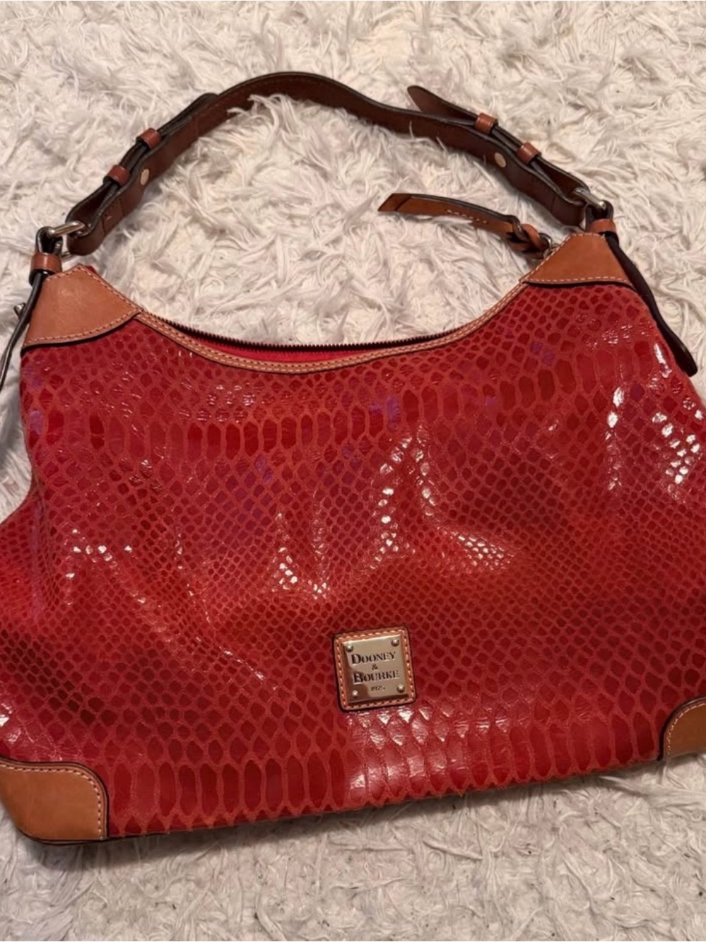 Dooney & Bourke Red Snakeskin-Embossed Leather Shoulder Bag with Tan Trim